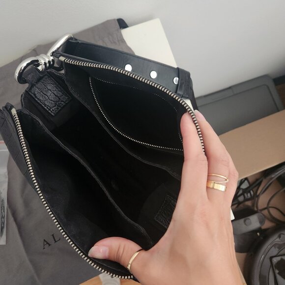 All Saints | Polly Round Medium Leather Crossbody in Black Mock Croc, One Size - Picture 5 of 11
